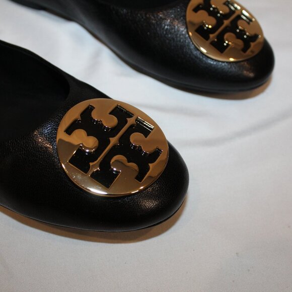 New TORY BURCH CLAIRE LEATHER BLACK GOLD ACCENT BALLET FLAT - Picture 4 of 6